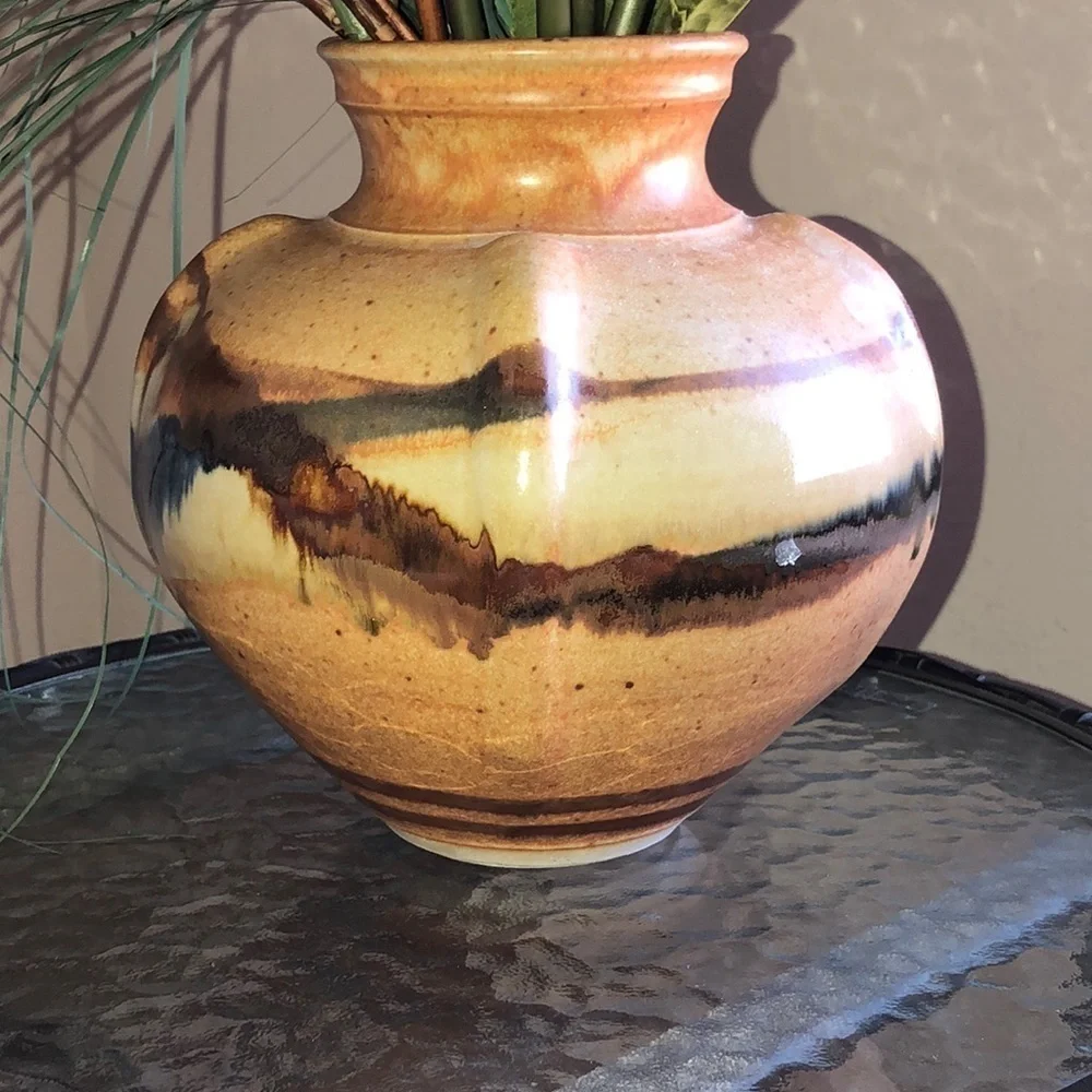 COPY - Glazed Vase Tan brown blue colors Made in 93/95’